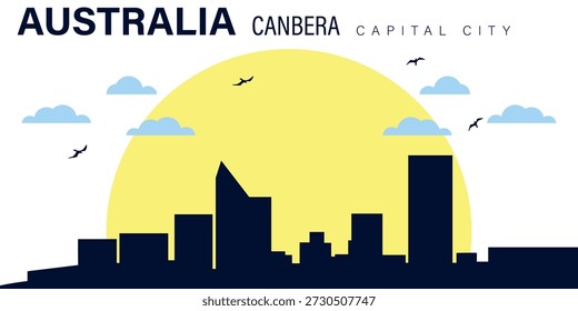 Silhueta vetor minimalista elegante de Canberra, a capital da Austrália, contra o pano de fundo de um grande sol de configuração amarela, com o texto AUSTRÁLIA CAPITAL DE CANBERRA acima.