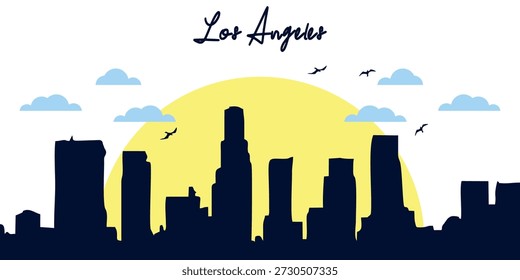 Stylish minimalist vector silhouette of Los Angeles skyline against a large yellow sunset, with the text ‘Los Angeles’ in handwritten style at the top.

