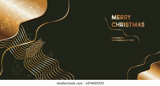Stylish minimalistic abstraction. Gold waves on a dark green background Merry Christmas creative vector