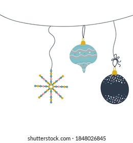 Stylish minimalistic design. Three Christmas tree decorations hang on a thread. For the design of cards, invitations, advertising of Christmas markets and the delivery of holiday goods. Vector graphic