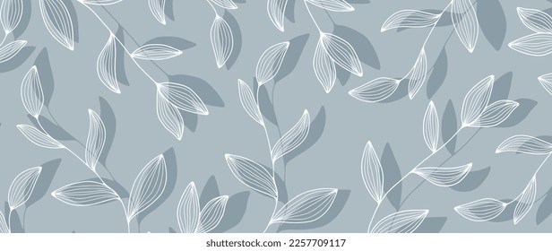 Stylish and minimalistic floral background in pale blue shades with branches and leaves for design, decor, print