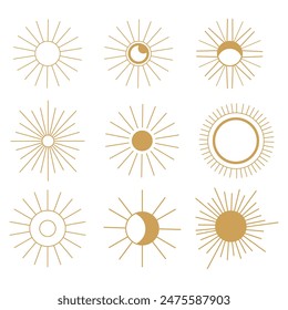 A stylish and minimalistic icons set design showcasing suns and moons in gold color against a white background. Suitable for modern and contemporary art projects.