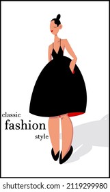 stylish minimalistic illustration. Abstract silhouette of a young girl in a black dress with red accents. Scarlet lips, a transparent shadow, the inscription "classic fashion style".