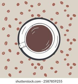 A stylish and minimalistic illustration featuring a top-down view of a coffee cup filled with dark brown coffee.