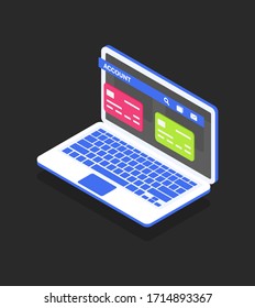 Stylish minimalistic modern color interface of a banking application for a computer on a dark background. Vector isometric laptop with bank card view page. Bank cards hang over the screen.
