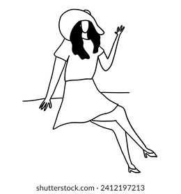Stylish, minimalistic and modern fashion lady with hat. Vector illustration in hand drawn outline doodle simple contour style isolated on white background. For web site, poster, cover art.