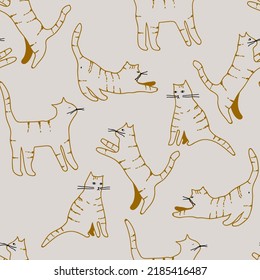 Stylish minimalistic naive pattern with striped brown cats in different poses on light grey background . Cute modern animal print.