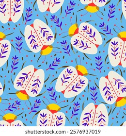 Stylish minimalistic pattern featuring white and yellow bugs with floral elements, complemented by foliage on a blue background. Perfect for textiles, wallpapers, and nature-inspired creative projects