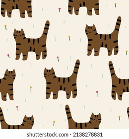 Stylish minimalistic pattern with striped brown cats walking on spring grass and abstract flowers . Cute modern animal print.