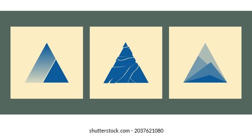 Stylish minimalistic triangular logos. Abstract monochrome triangles with a gradient. Minimalistic square posters for social media, cover design, web, home decor. Trendy vintage illustrations.