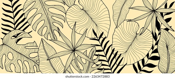 Stylish minimalistic vector tropical background with palm leaves, monstera leaves, fern for decor, covers, wallpapers