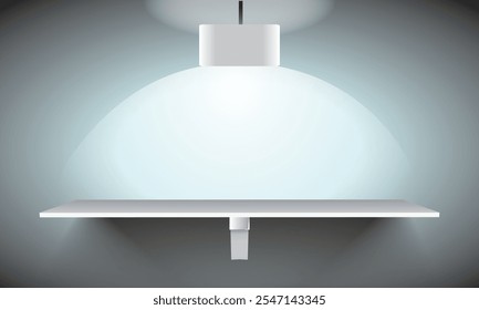 Uma prateleira branca minimalista elegante iluminada por uma lâmpada pingente moderna em um brilho suave, perfeito para conceitos de design de interiores, exibições de produtos ou maquetes