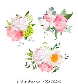 Stylish mix of flower bouquets vector design set. Green hydrangea, wild rose, orchid, peony, carnation, eucalyptus leaf, wildflowers. All elements are isolated and editable.