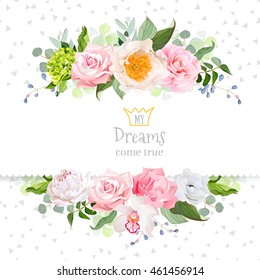 Stylish mix of flowers horizontal vector design frame. Green hydrangea, wild rose, camellia, orchid, peony, carnation, eucalyptus leaf, wildflowers. All elements are isolated and editable.