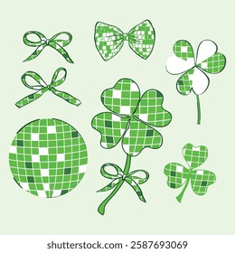 A stylish mix of shamrocks, bows, and disco ball patterns in a festive green coquette theme.