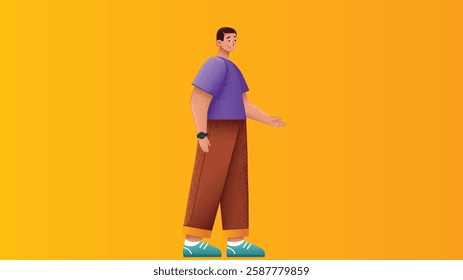 A stylish model boy character depicted in both standing and walking poses, showcasing confidence, modern fashion, and a well-defined character design