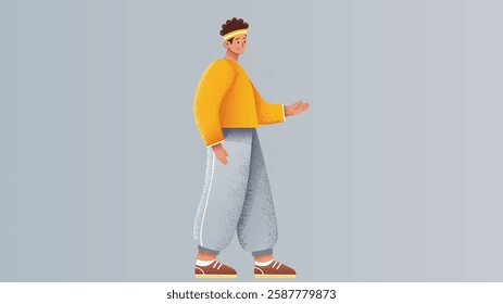 A stylish model boy character depicted in both standing and walking poses, showcasing confidence, modern fashion, and a well-defined character design