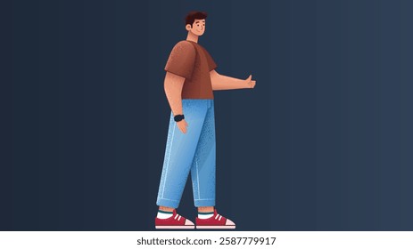 A stylish model boy character depicted in both standing and walking poses, showcasing confidence, modern fashion, and a well-defined character design