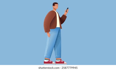 A stylish model boy character depicted in both standing and walking poses, showcasing confidence, modern fashion, and a well-defined character design