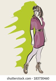Stylish model in a fuchsia dress, brown boots and sunglasses on the green background. Fashion sketch.