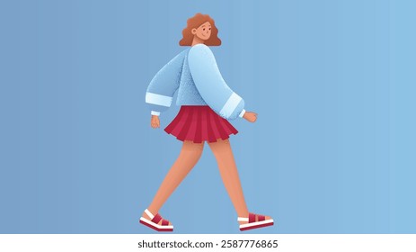 A stylish model girl depicted in both standing and walking poses, showcasing a well-designed character model with confident posture