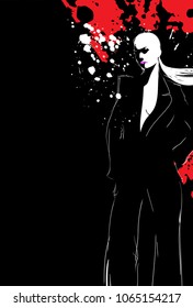 Stylish model on a black and red background with blots. Pretty young girl in a business suit. Sketch of a fashion girl.
