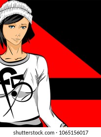 Stylish model on a black and red background. Pretty young girl in a sweatshirt and hat of a hipster style. Sketch of a fashion girl.