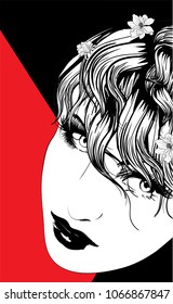 Stylish model on a black and red background. Pretty young girl with flowers in hair. Spring illustration. Sketch of a fashion girl.
