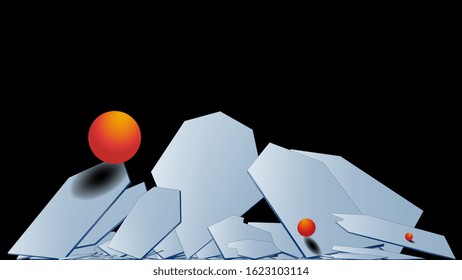 Stylish modern 3D polygonal background of falling hexagons with a metal surface and orange volumetric balls. Light plane in hexagons. Multilayer composition. Copy space. Vector.