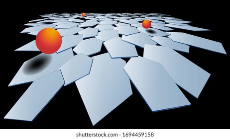 Stylish modern 3D polygonal background of hexagons with a metal surface and orange volumetric balls. Light plane in hexagons. Multilayer composition. Vector.