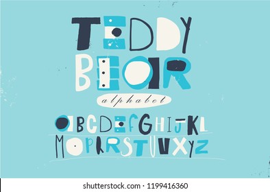 Stylish modern ABC for kids. Funny childish Alphabet in blue tones. Vector EPS10.