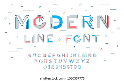 Stylish modern abstract alphabet with numbers, colorful font from pieces of shapes and strips, game style.