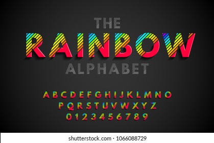 Stylish modern abstract alphabet with numbers, colorful rainbow font from strips.