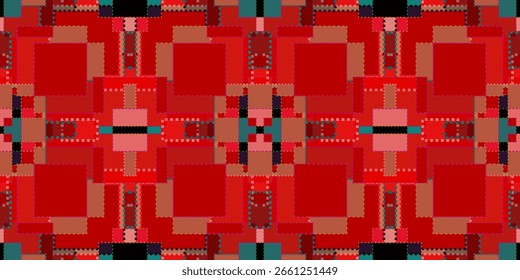 
Elegante y moderno fondo abstracto compuesto de cuadrados y rectángulos interconectados en una rica paleta de rojos, marrones y marrones. Los bordes texturizados y cosidos le dan una sensación única y táctil


