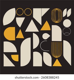 A stylish modern abstract background featuring a collection of geometric shapes in beige and yellow on a dark background. This minimalistic design is perfect for branding, posters, packaging, design.