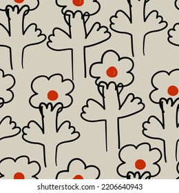 Stylish modern abstract  floral  pattern with naive line flowers on beige  background. Retro floral design for wallpaper,design paper or bedding.