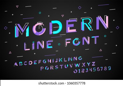 Stylish modern abstract italic alphabet with numbers, colorful font from pieces of shapes and strips, game style.