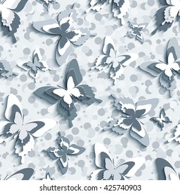Stylish modern background seamless pattern with flying white, gray, black 3d butterflies cutting paper. Bright trendy wallpaper. Vector illustration