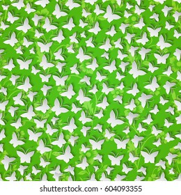 Stylish modern background seamless pattern with  butterflies cutting paper on green floral background. Vector illustration.