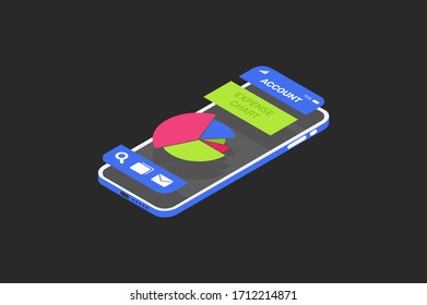 Elegante aplicación bancaria moderna para un smartphone con un fondo oscuro. Menú para ver el gráfico de gastos en la aplicación móvil. Aplicación bancaria de interfaz de usuario intuitiva.