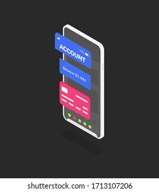 Stylish modern banking application for a smartphone on a dark background. Menu for viewing account statements and displaying the balance on the account. Intuitive user interface banking application.