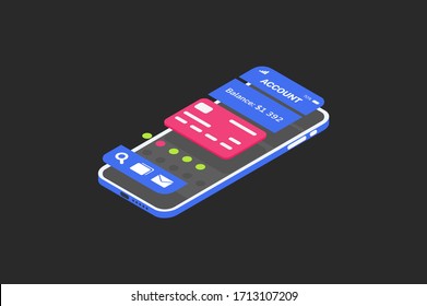 Elegante aplicación bancaria moderna para un smartphone de fondo oscuro. Menú para ver extractos de cuenta y mostrar el saldo en la cuenta. Aplicación bancaria de interfaz de usuario intuitiva.