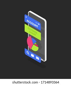 Elegante aplicación bancaria moderna para un smartphone con un fondo oscuro. Menú para ver el gráfico de gastos en la aplicación móvil. Aplicación bancaria de interfaz de usuario intuitiva.