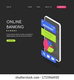 Stilvolle, moderne Bankenanwendung für ein Smartphone auf dunklem Hintergrund. Menü zum Anzeigen des Kostendiagramms auf der mobilen Anwendung. Intuitive Benutzerschnittstelle-Banking-Anwendung.