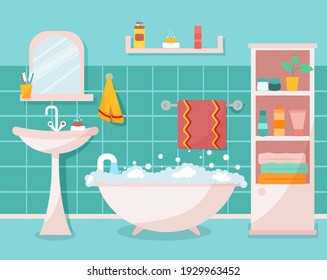 Stylish modern bathroom interior. Sink, faucet, towel, shelf, wardrobe, mirror. An overflowing bubble bath. Turquoise, pink, yellow. Vector illustration