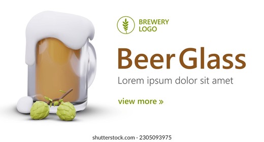 Stylish modern beer mugs. 3D illustration in cartoon style. Horizontal template with text and picture. Line for active link, space for logo. Advertising of convenient glassware for beer