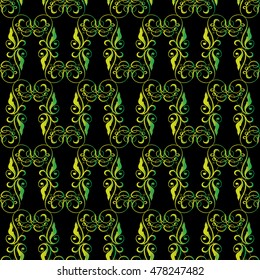Stylish modern black floral vector seamless pattern wallpaper illustration background  with vintage  decorative royal green  flowers and ornaments in Victorian style. Luxury endless texture
