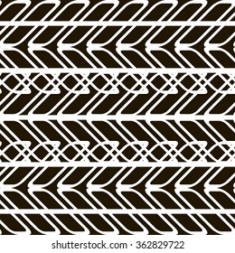 Stylish modern black and white seamless pattern of superposed tire tracks and ruts. The chain of overlapping geometric elements. Abstract print. Vector illustration for various creative projects