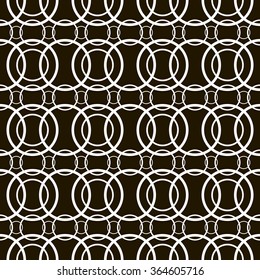 Stylish modern black and white seamless pattern of superposed hoops. Chains of overlapping different sized rings. Abstract print. Vector illustration for various creative projects