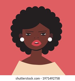 Stylish modern black woman. Hand-drawn portrait for social networks, avatar, T-shirt print, banner. Colorful modern illustration. Cartoon sketch style. Feminine design. All elements are isolated.